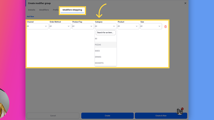 Modifiers Group Mapping by Categories