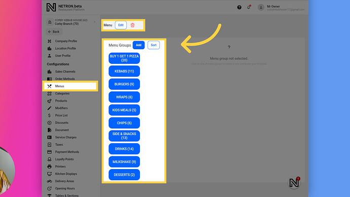 Menu Groups Add/Sort and List