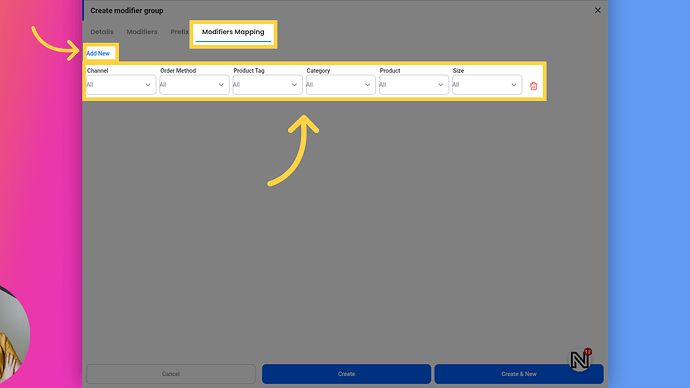 Modifiers Group Mapping Tab